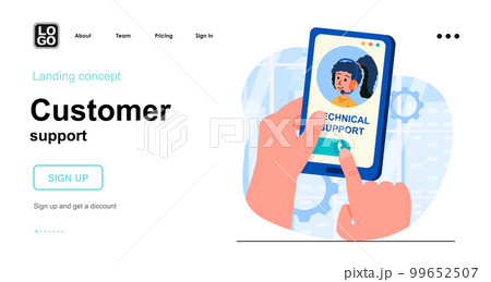 Customer support web concept. Client calls technical support. Hotline and helpdesk consultation. Template of people scene. Vector illustration with character activities in flat design for website 99652507