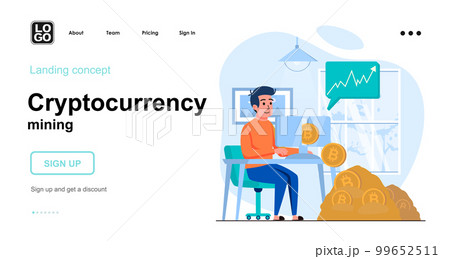 Cryptocurrency mining web concept. Man works in crypto business, earns bitcoins, increases income. Template of people scene. Vector illustration with character activities in flat design for website Cryptocurrency mining web concept. Man works in crypto business, earns bitcoins, increases income. Template of people scene. Vector illustration with character activities in flat design for website 99652511