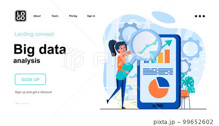 Big Data analysis web concept. Woman research statistics in mobile app. Business analytics graph. Template of people scene. Vector illustration with character activities in flat design for website 99652602