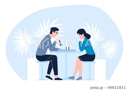 Couple play chess. Man and woman rest, popular logic table game. Strategy metaphor, male vs female flat vector business concept Couple play chess. Man and woman rest, popular logic table game. Strategy metaphor, male vs female flat vector business concept 99652831