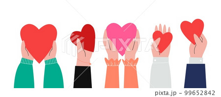 Charity concept, share your love. Friend holding red hearts in hands. Volunteer donate, social support or health helping. Loving and friendship sapid vector banner 99652842