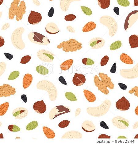 Nuts seamless pattern. Nut and seeds raw ingredients, pistachio and hazelnut mix. Healthy dry snacks print, organic food granola racy vector background Nuts seamless pattern. Nut and seeds raw ingredients, pistachio and hazelnut mix. Healthy dry snacks print, organic food granola racy vector background 99652844