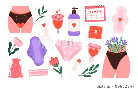 Female hygiene pads, panty, menstrual cup. Woman period elements, menstruation panties and sanitary objects. Girls medicine tablet, feminine health racy vector set 99652847