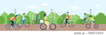 People bicycle riding in city park. Summer outdoor activity, eco transport for man woman and kids. Drive bike, sport and hobby riders recent vector scene 99652850