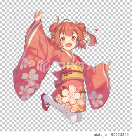 桜の着物を着た女の子 2のイラスト素材 [99653243] - PIXTA
