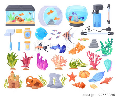 Aquarium equipment. Aquaristic elements, underwater decorations for fishbowl freshwater fish pet, filter water tank coral reef stone seaweed shells castle, neat vector illustration 99653396