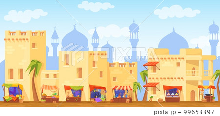 Traditional arabic market. Panorama arabian bazaar ancient building, african merchant village old historical morocco houses, eastern food shop landscape, neat vector illustration 99653397