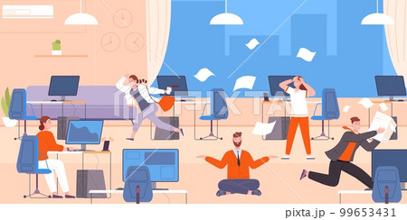 Office chaos meditation. Calm businessman zen levitating at office desk, clear brain trouble fuss chaos work relax manager yoga break noisy 99653431