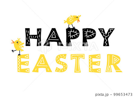 Happy easter lettering boho scandi style with cute chicks. Vector illustration Happy easter lettering boho scandi style with cute chicks. Vector illustration 99653473
