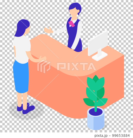 接待櫃檯和女顧客的等軸圖 99653884