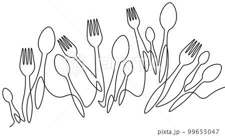 One line table spoon forks dinner lunch concept. Cafe menu decoration border silhouette continuous line doodle cooking dining supply vector illustration One line table spoon forks dinner lunch concept. Cafe menu decoration border silhouette continuous line doodle cooking dining supply vector illustration 99655047