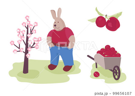 A hare gardener grows apples, a cart full of apples A hare gardener grows apples, a cart full of apples 99656107