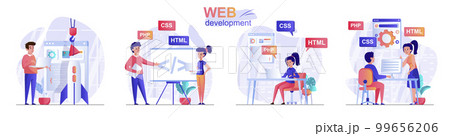 Web development concept scenes set. Developers create webpage, designers create interface, programmers coding code. Collection of people activities. Vector illustration of characters in flat design 99656206