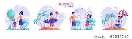 Summer time concept scenes set. Mom walking with son, man surfing, woman resting on beach, couple playing tennis. Collection of people activities. Vector illustration of characters in flat design 99656216