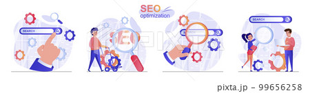 Seo optimization concept scenes set. Man customize search, increases position of website, ranking in search engines. Collection of people activities. Vector illustration of characters in flat design 99656258