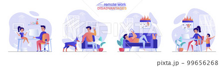 Remote work disadvantage concept scenes set. Child or dog interferes with work, man breaks deadline, woman overworked. Collection of people activities. Vector illustration of characters in flat design 99656268