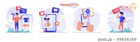 Promotion concept scenes set. Marketer attracts new customers with bonuses, discounts, big sale and special offer. Collection of people activities. Vector illustration of characters in flat design 99656269