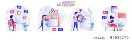 Programming software concept scenes set. Developers create software, different programming languages, test product. Collection of people activities. Vector illustration of characters in flat design 99656270