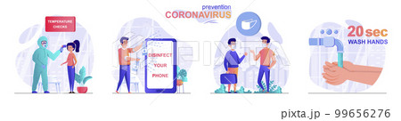 Prevention coronavirus concept scenes set. Temperature check, disinfect your phone, wear medical mask, wash hands. Collection of people activities. Vector illustration of characters in flat design 99656276