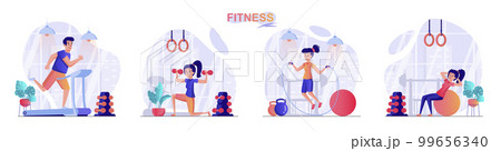 Fitness concept scenes set. Man running on treadmill, woman doing exercises with dumbbells or ball, conducts workout. Collection of people activities. Vector illustration of characters in flat design Fitness concept scenes set. Man running on treadmill, woman doing exercises with dumbbells or ball, conducts workout. Collection of people activities. Vector illustration of characters in flat design 99656340