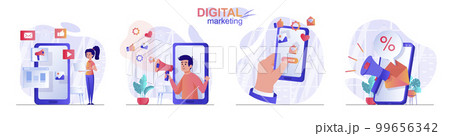 Digital marketing concept scenes set. Social media promotion, customer attracting, online advertising campaign. Collection of people activities. Vector illustration of characters in flat design 99656342