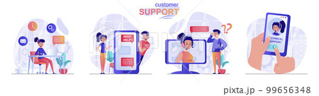 Customer support concept scenes set. Operator accepts calls, tech support helps users, chat with online consultant. Collection of people activities. Vector illustration of characters in flat design 99656348
