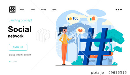 Social network web concept. Woman posting on blog, launches hashtag challenge, collects likes. Template of people scenes. Vector illustration with character activities in flat design for website Social network web concept. Woman posting on blog, launches hashtag challenge, collects likes. Template of people scenes. Vector illustration with character activities in flat design for website 99656516