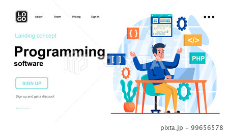 Programming software web concept. Man programmer creates software, programs and applications. Template of people scenes. Vector illustration with character activities in flat design for website 99656578