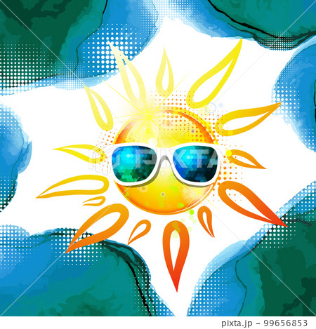 Shining sun and watercolor clouds. Sun in sunglasses. Hello summer. Vector illustration 99656853