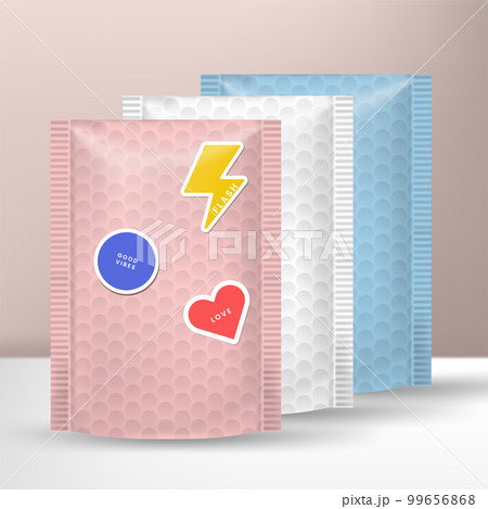 Vector Protective Bubble Mailing Postal Bag or Envelop Packaging Mockup with Cartoon Stickers. 99656868