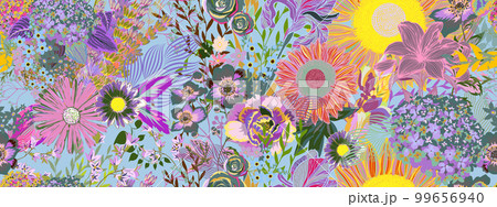 Blooming midsummer meadow pattern. Plant background for fashion, wallpapers, and print. A lot of different flowers on the field. Liberty style millefleurs. Trendy floral design Blooming midsummer meadow pattern. Plant background for fashion, wallpapers, and print. A lot of different flowers on the field. Liberty style millefleurs. Trendy floral design 99656940