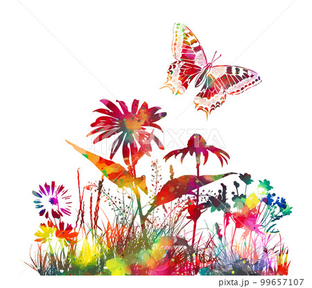 Summer abstract background. Colored flowers and butterflies in watercolor. Vector illustration 99657107