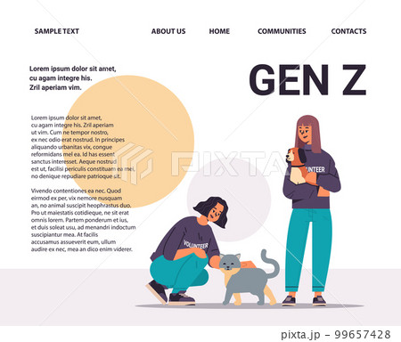 young man woman volunteers with dog and cat animals generation Z lifestyle concept 99657428