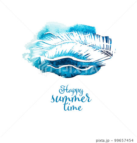 Abstract sea watercolor and palm leaf. Happy summer time. Vector illustration 99657454
