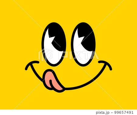 Yum yum smile emoji label with tongue lick mouth. Yummy Design doodle face Vector illustration 99657491
