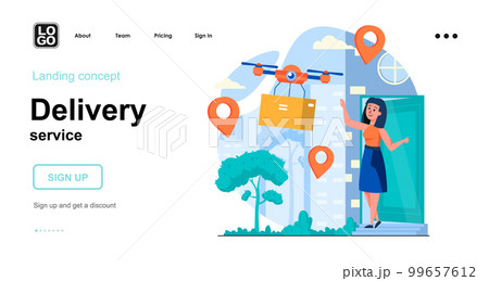 Delivery service web concept. Woman receives order in box delivered by drone, fast air shipping. Template of people scenes. Vector illustration with character activities in flat design for website 99657612