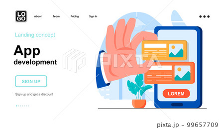 App development web concept. Developer creates application interface, develops smartphone software. Template of people scenes. Vector illustration with character activities in flat design for website 99657709