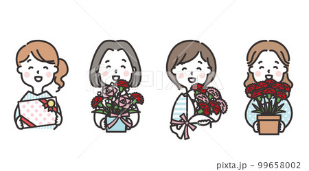 各種母の日のギフトを持つ女性たち イラストセット 各種母の日のギフトを持つ女性たち イラストセット 99658002