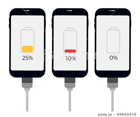 Set of smartphones with battery level indicator and USB connection. Vector infographic. 99660456