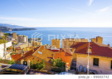Panoramic view of Canton de Beausoleil and Monaco.Cote d'Azur of French Riviera. France Panoramic view of Canton de Beausoleil and Monaco.Cote d'Azur of French Riviera. France 99660742