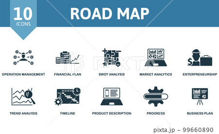Road Map icon set. Monochrome simple Road Map icon collection. Operation Management, Financial Plan, Swot Analysis, Market Analytics, Enterpreneursship, Trend Analysis, Timeline, Product Description 99660890