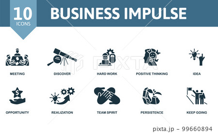 Business Impulse icon set. Monochrome simple Business Impulse icon collection. Meeting, Discover, Hard Work, Positive Thinking, Idea, Opportunity, Realization, Team Spirit, Persistence, Keep Going Business Impulse icon set. Monochrome simple Business Impulse icon collection. Meeting, Discover, Hard Work, Positive Thinking, Idea, Opportunity, Realization, Team Spirit, Persistence, Keep Going 99660894