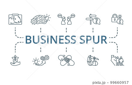 Business Spur icon set. Monochrome simple Business Spur icon collection. Tactics, Brain Storm, Communication, Solution, Problem Solving, Opportunity, Realization, Team Spirit, Persistence, Keep Going 99660957