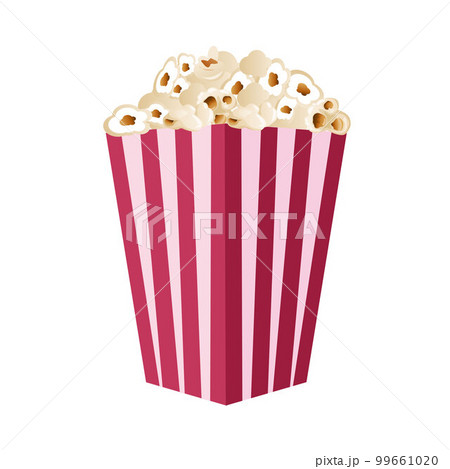 Popcorn isolated on a white background. A flat-style movie theater icon. A light snack. A large red and white striped box. Vector illustration. Popcorn isolated on a white background. A flat-style movie theater icon. A light snack. A large red and white striped box. Vector illustration. 99661020