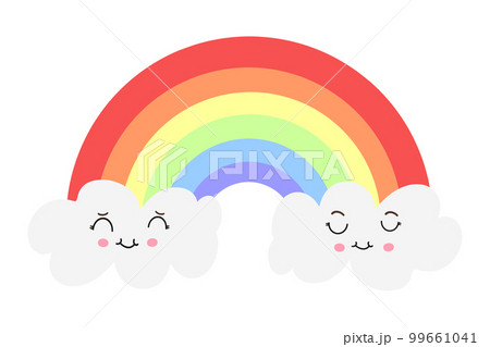 Colorful rainbow with white clouds in kawaii style. Rainbow vector icon on blue background 99661041