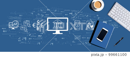 Fintech theme with computer keyboard and office items 99661100