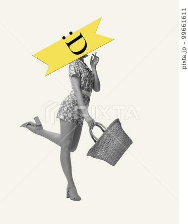 Contemporary art collage. Creative design. Young woman feeling happy. Network symbol of emotions. Positive vibe 99661611