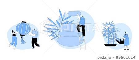 Feng Shui Oriental Philosophy Concept. Characters Decorate Home with Stones, Lantern and Plants for Positive Energy Flow 99661614