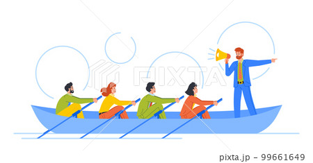 Teamwork, Unity, Collaboration Of People In Boat Rowing In Unison With Coordinated Efforts Towards A Common Goal 99661649