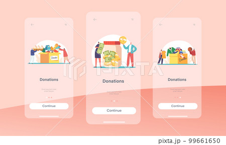 Donations Mobile App Page Onboard Screen Template. Tiny People Filling Cardboard Box with Clothes, Food and Money Donations Mobile App Page Onboard Screen Template. Tiny People Filling Cardboard Box with Clothes, Food and Money 99661650